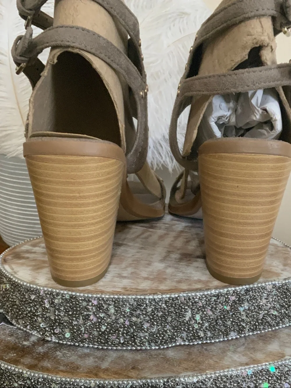 Soda Taupe Suede Studded Block Heel Sandals